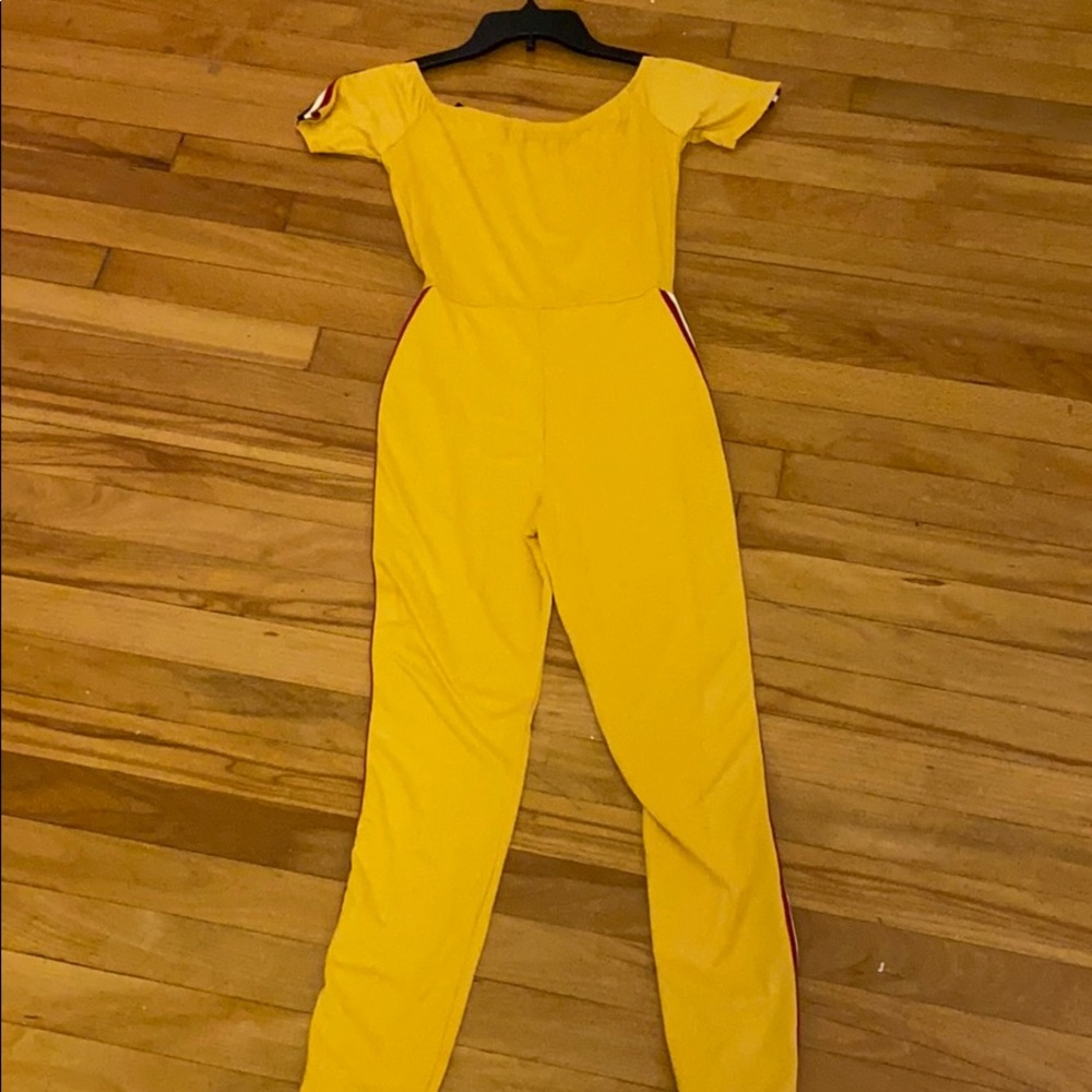 Fashion Nova off the shoulder yellow jumpsuit
